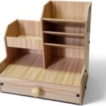 منظم مكتب خشبي، منظم مكتب مع درج، حامل اقلام للمكتب متعدد الوظائف، حامل اقلام للمكتب والمنزل والاقلام المدرسية (بيج)