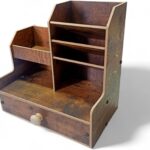 منظم مكتب خشبي، منظم مكتب مع درج، حامل اقلام للمكتب متعدد الوظائف، حامل اقلام للمكتب والمنزل والاقلام المدرسية (بنى)