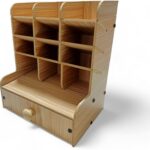 منظم اقلام خشبي، حامل اقلام للمكتب متعدد الوظائف، منظم اقلام رصاص، تخزين اللوازم الفنية المكتبية مع 12 حجرة ودرج (بيج)