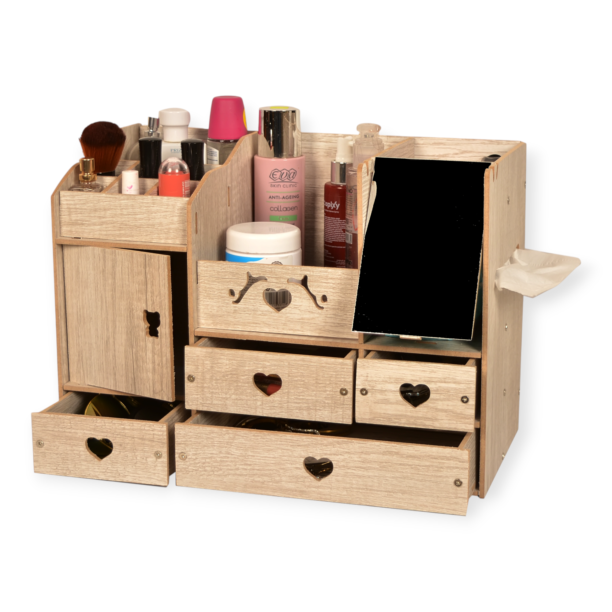 منظم مكياج واكسسوارات بمرآة و4 أدراج – 15 قسم تخزين – تصميم عصري خشب MDF – لون وردي – مع رف مناديل – مناسب لطاولة الزينة أو الحمام